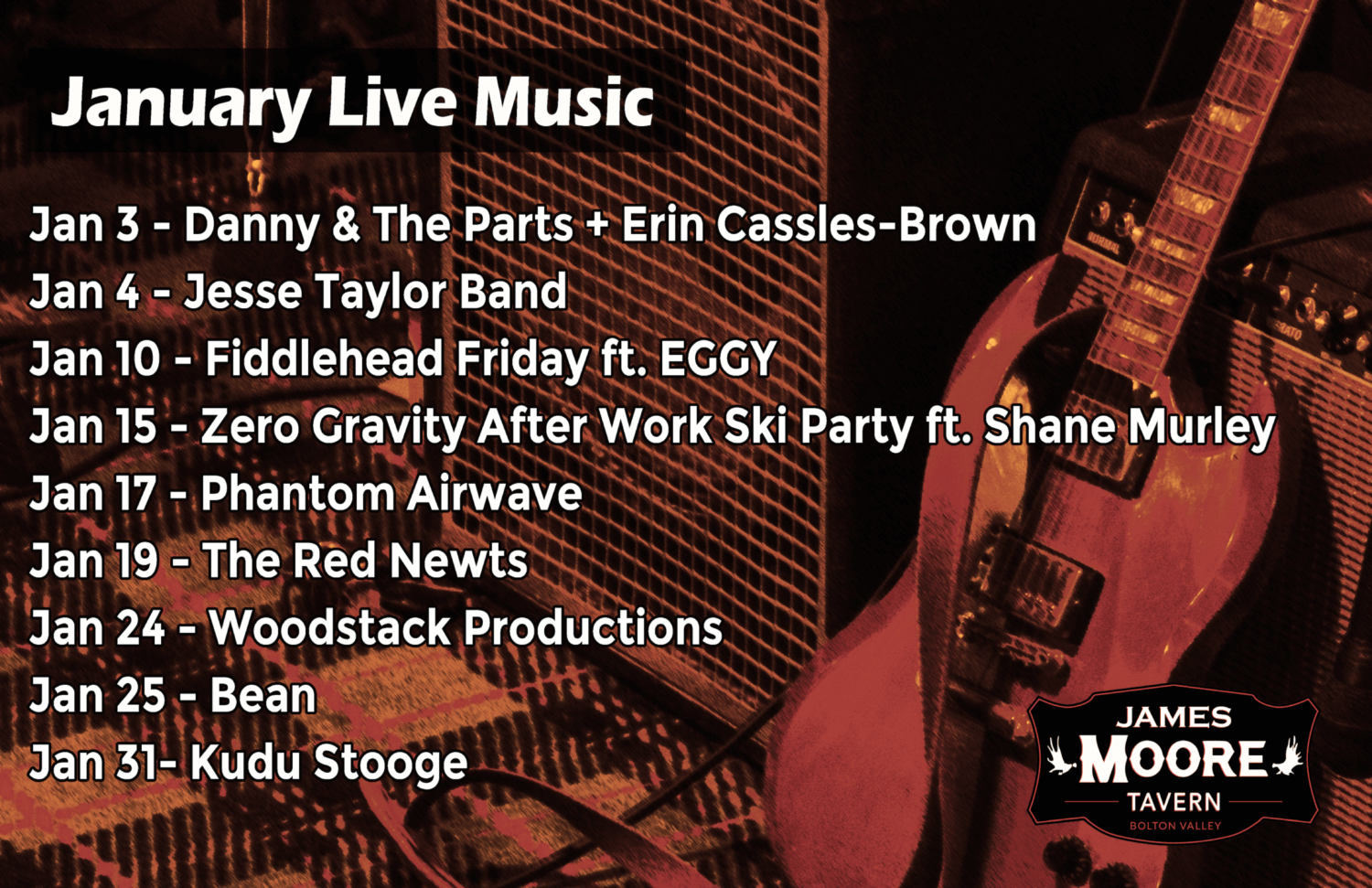 January Apres Ski Music Schedule at Bolton Valley's James Moore Tavern