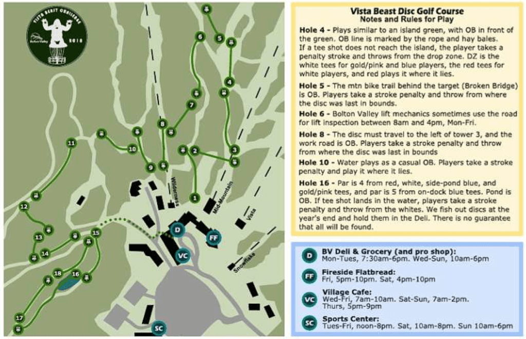 Screenshot of the Bolton Valley Disc Golf course map
