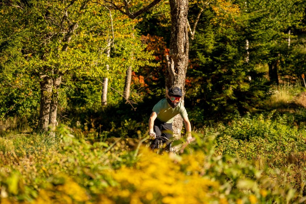 A Mountain Biker Rides Through The Fall Foliage Leaves
