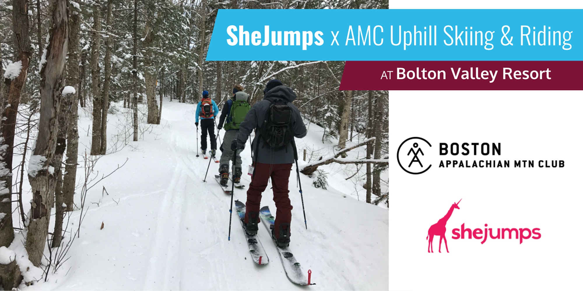 Women skiing in the woods with signage promoting She Jumps and AMC event