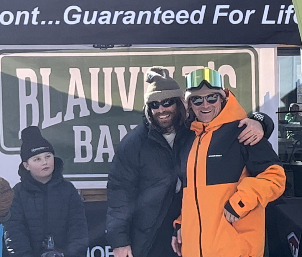 Snowboarders Danny Davis and Shayne Pospisil pose for pictures as they accept their awards at the 2023 Blauvelt's Banks