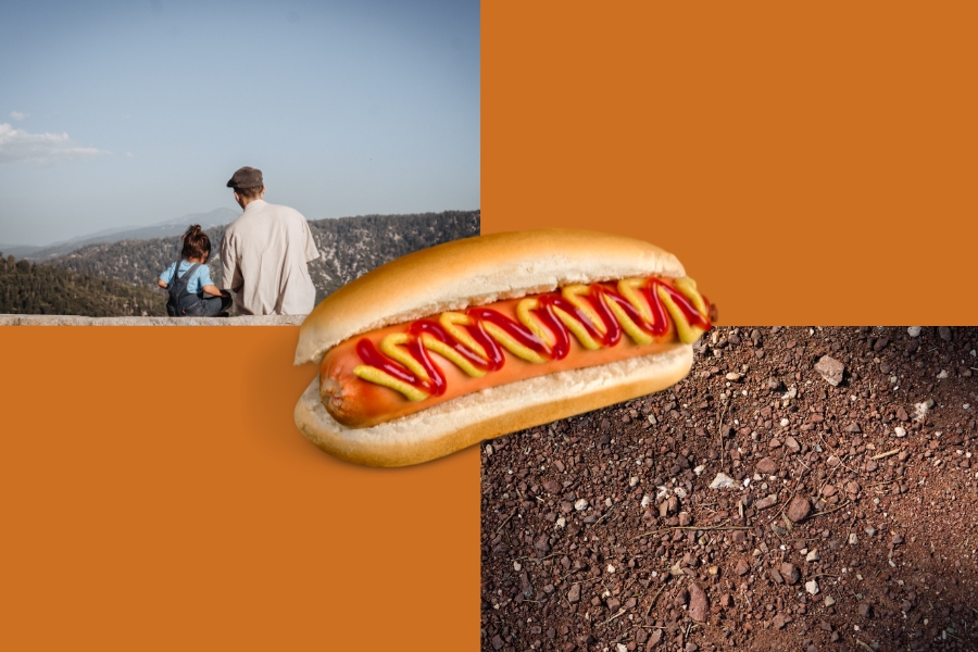 An event image with 3 pictures: a dad and child, a hot dog, and dirt