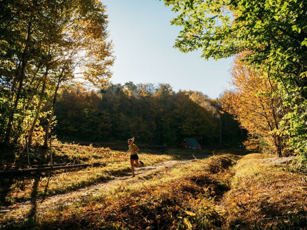 A racer runs on a sunny fall foliage day